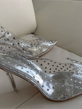 NWT PUBLIC DESIRE CLEAR PVC Silver Crystal-Stud Pointed Heels 10W